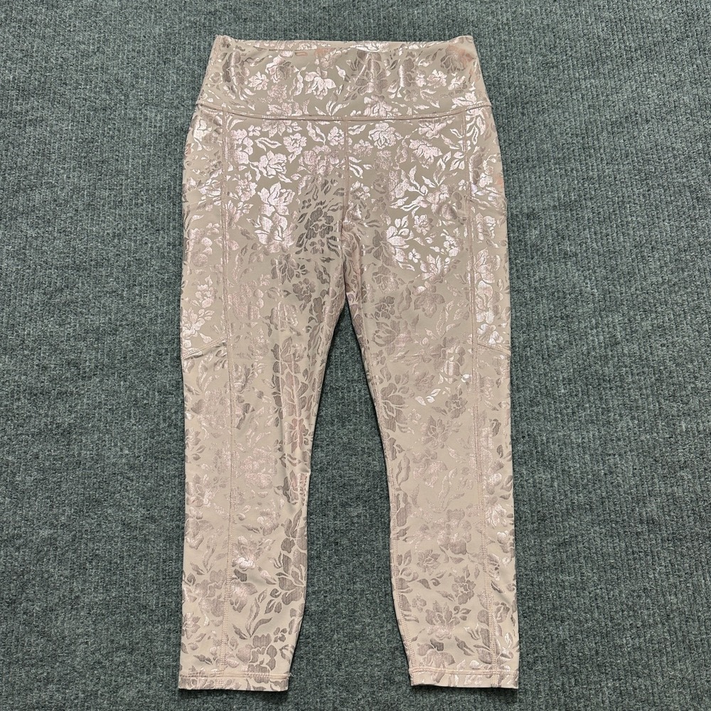 Guru G Active Womens Leggings‎ Size L Beige Foil Floral Print Mid Rise Stretchy